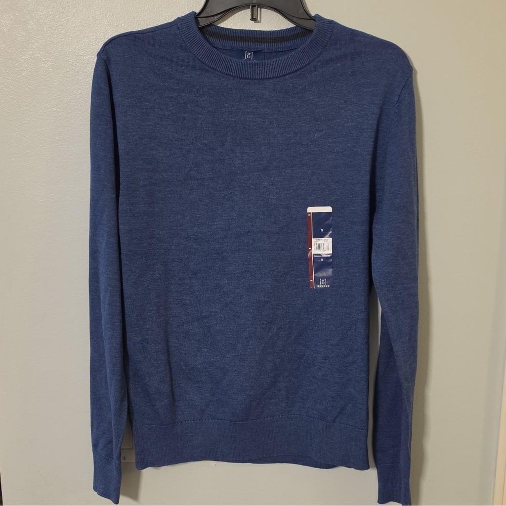 George Men's Crew Neck Knit Pullover Sweater Solid Blue Long Sleeve S #319 - Picture 2 of 8